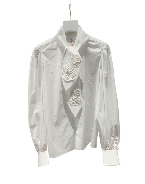 Damen Krawattenkragen 3D-Blumenstickerei Langarm weißes Blusenshirt SMLXLXXL