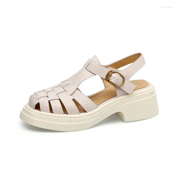 Sandali retrò da donna da pescatore in vera pelle da donna estivi scarpe con plateau a punta chiusa intreccio con tacco alto beige nero