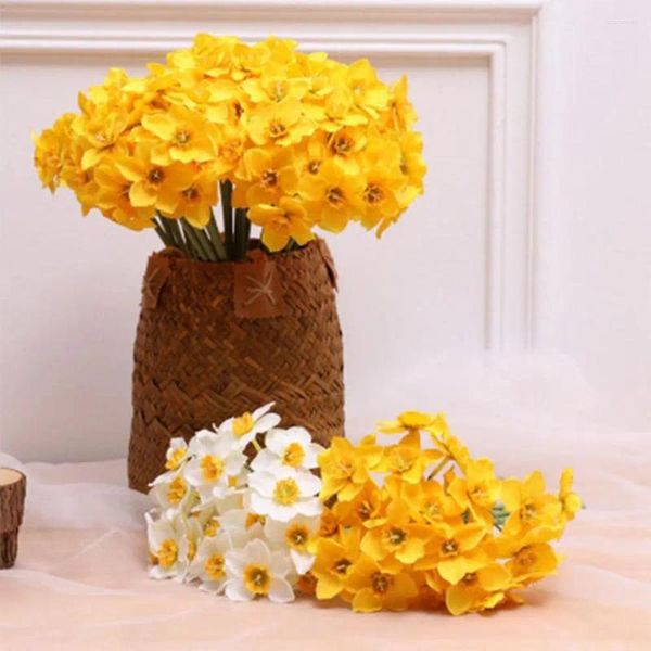 Flores decorativas artificial girassol amarelo nupcial falso narciso buquê 13 cabeça flor diy planta