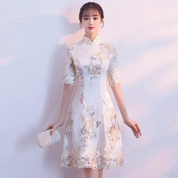 Roupas étnicas Tradicional Chinês A-Line Vintage Vestido Melhorado Mandarim Collar Cheongsam Qipao Bordado Floral