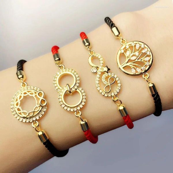 Charme pulseiras dupla redonda/árvore da vida pulseira para mulheres jóias cz pavimentar design de moda infinito estrela pulseira preto/vermelho corda corrente presente