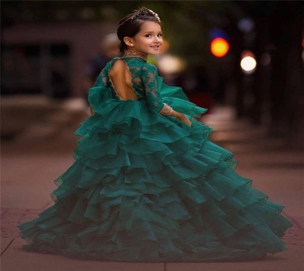 Princesa verde sem costas baratos meninas pageant vestidos 2020 vestido de baile mangas compridas rendas douradas organza menina aniversário vestidos de festa de baile f6249572