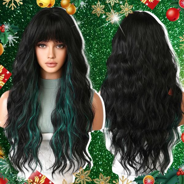 Emmor balayage verde preto sintético natural ondulado com franja para mulheres cosplay festa uso de fibra resistente ao calor cabelo 240113