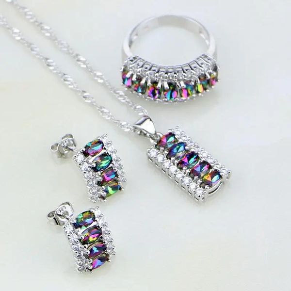Collane Trendy Mystic Rainbow Fire White Birthstone Charms Set di gioielli Sier per le donne Orecchini/collana/pendente/anello da sposa