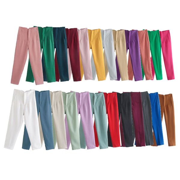 Pantaloni da donna a vita alta a 35 colori di alta qualità Pantaloni casual a gamba dritta Moda chic con dettagli cucitura Pantaloni da ufficio con cerniera Pantaloni alla caviglia femminili Mujer