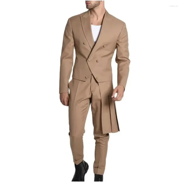 Ternos masculinos design com avental plissado lateral ajuste fino 2 peças conjunto de calças jaqueta dupla breasted para o verão casual uso diário