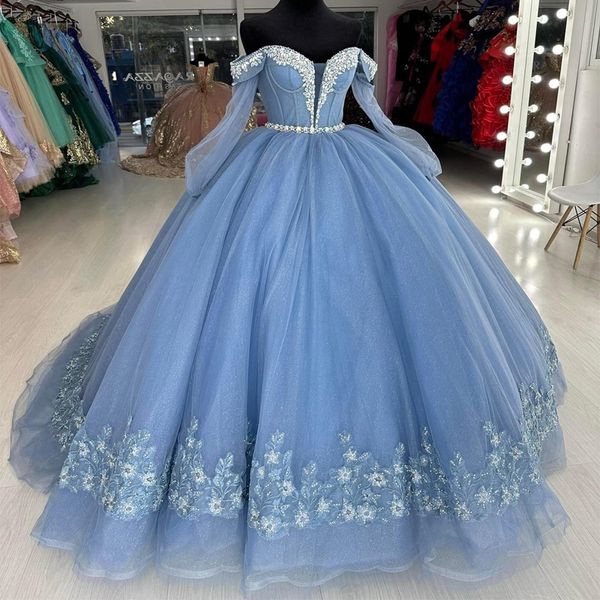 Небесно-голубое платье Quinceanera 2024, расшитое бисером и кристаллами с блестками, аппликация, кружевное платье из тюля Sweet 16, бальное платье на шнуровке, платье 15 лет