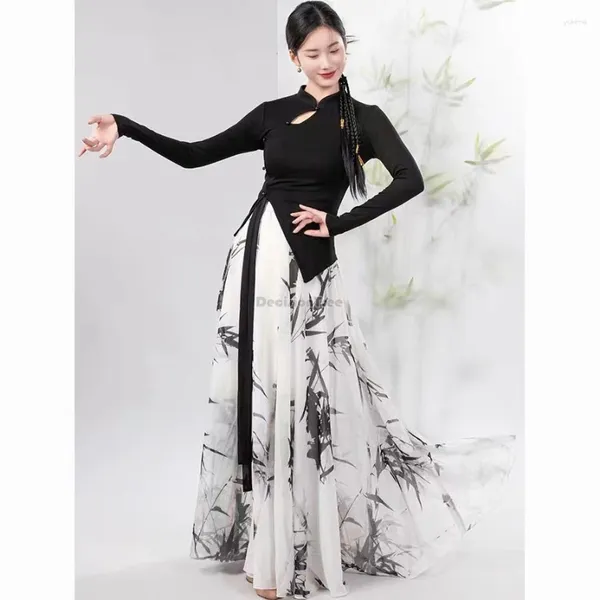 Palco desgaste 2024 vestido de dança clássica fluindo estilo chinês folha de bambu impresso cheongsam casaco grande saia traje w126