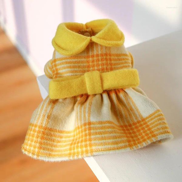 Vestuário para cães Vestidos para animais de estimação Bonito lã quente amarelo vestido xadrez colarinho gato filhote de cachorro saia roupas