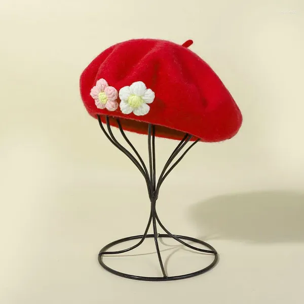 Berets Frühling Herbst Winter Eltern Kind Wolle Mädchen Stricken Bonbonfarben Kinder Frauen Blume Süße Maler Hüte