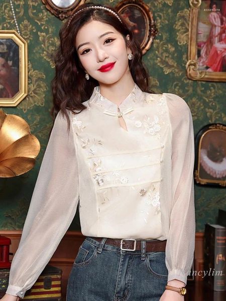 Blusas femininas estilo chinês nó botão camisa de manga comprida bordado chiffon blusa primavera 2024 chique bonito cheongsam topo