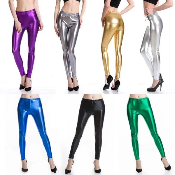 Calças femininas Mulheres Brilhantes Leggings Metálicos Reflexivos PU Lápis De Couro Cintura Alta Calças Slim Sexy Skinny Moda Apertado Preto