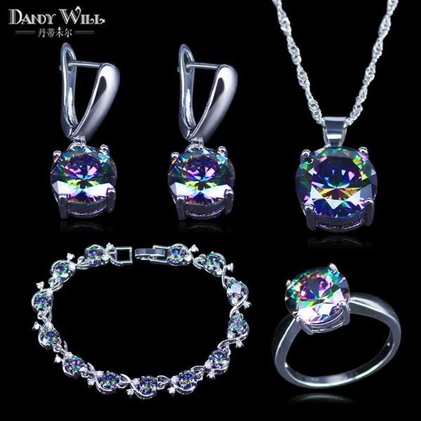 Casos Mystic Rainbow Cubic Zirconia Sier Color Conjuntos de joias de noiva para mulheres colar de casamento/brincos/pingente/anel/