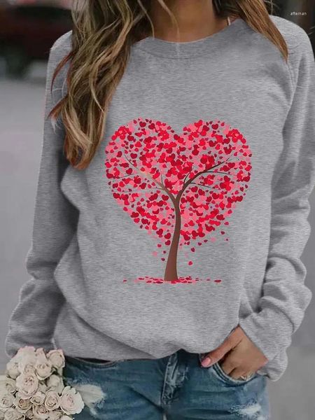 Damen Pelz 2024 Valentinstag 3D Rundhals Kapuzenpullover Red Love Tree Kleidung Glattes Haar