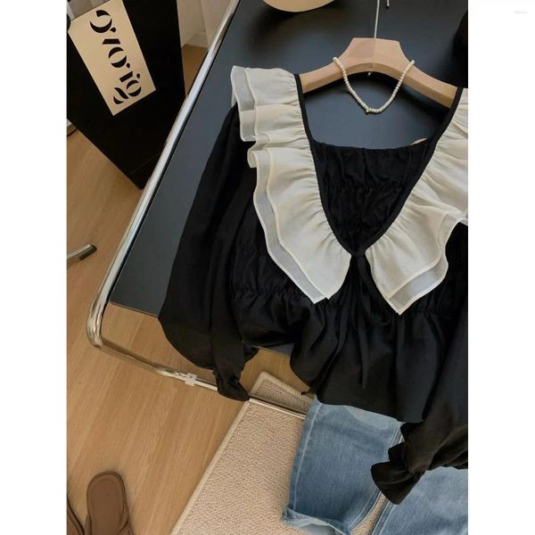 Frauen Blusen Frühling Herbst Modische Elegante Büro Tasten Koreanischen Stil Rüschen Damen Shirts Tops Peter Stift Kragen F37