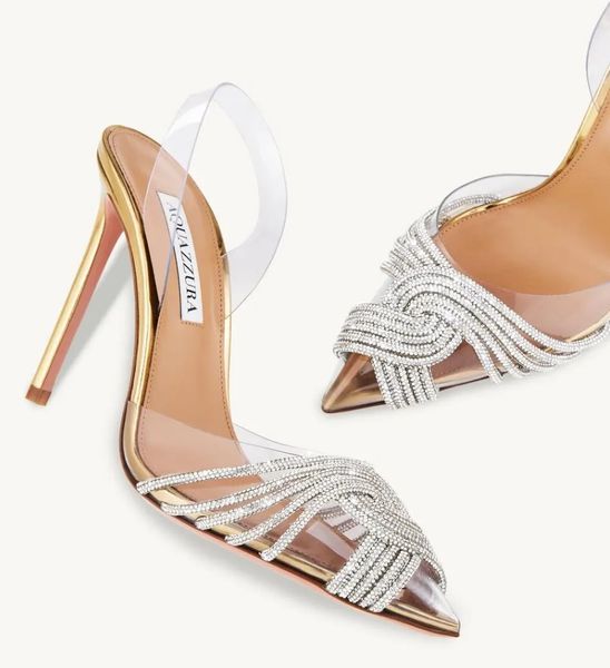 Сандалии Gatsby известных брендов, женская обувь с острым носком на пятке, украшенные кристаллами, туфли-лодочки Aquazzuras из ПВХ, женское свадебное платье на высоком каблуке EU35-43