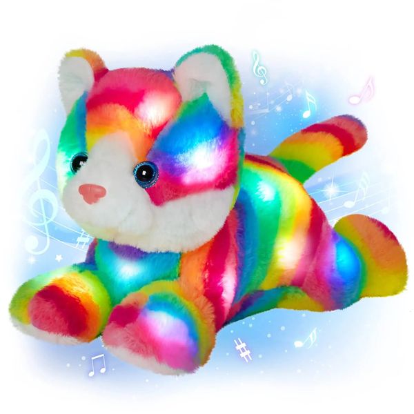 33cm arco-íris gato luminoso bonito brinquedos de pelúcia com luz led musical macaco cão elefante presentes para meninas brinquedo de pelúcia animais crianças 240113
