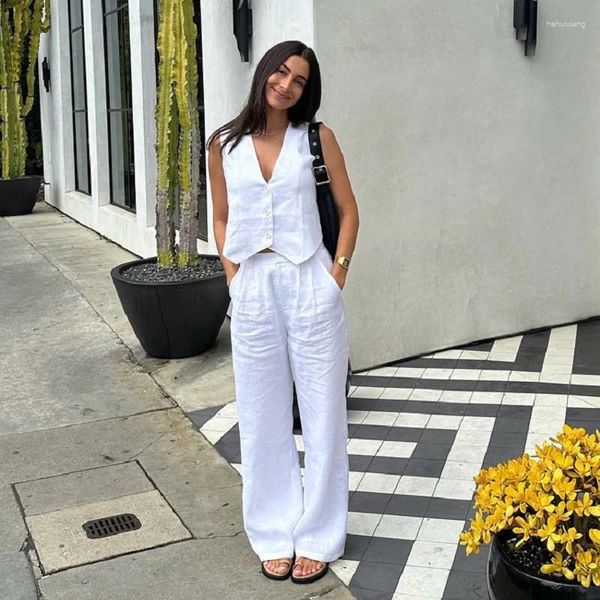 Calças femininas de duas peças verão conjunto de linho branco para mulheres 2024 moda sem mangas tanque top colete combinando cintura alta larga