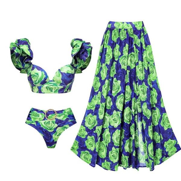 Conjunto de 3 peças de roupa de praia para mulheres, alça com babados, push up, biqunis, vestidos boêmios, estampa floral, roupa de banho, monokini 240113