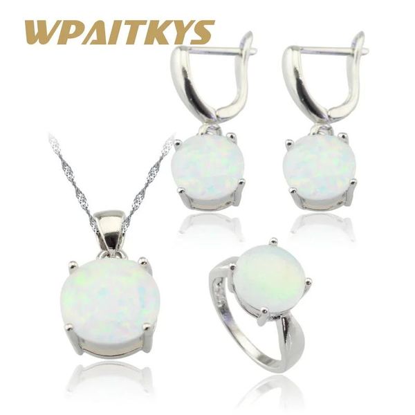 Halsketten Australien White Fire Opal Stones Silberfarbene Schmucksets für Frauen Weihnachten Halskette Anhänger Tropfen Ohrringe Ringe Geschenkbox