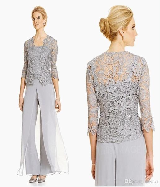 Elegante silberne Hosenanzüge für die Brautmutter in Übergröße, Bräutigam-Mutter-Abend-Party-Anzug, Chiffon-Hose, Outdoor-Spitze, Hochzeit, Gues9094139