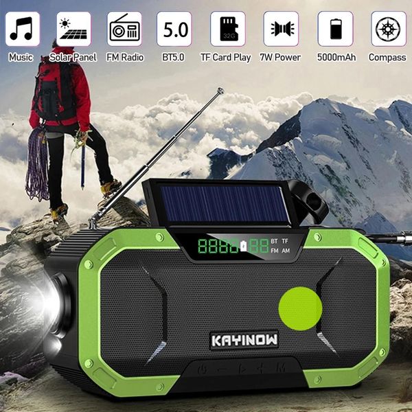 Alto-falantes portáteis sem fio Bluetooth Speaker IPX6 à prova d'água ao ar livre manivela rádio FM com luz LED Bússola solar de emergência SOS 5000mAh