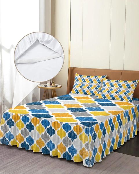 Bedrok Geel Blauw Geometrische Marokkaanse Retro Elastisch ingerichte sprei met kussenslopen Matrashoes Beddengoed Set Laken