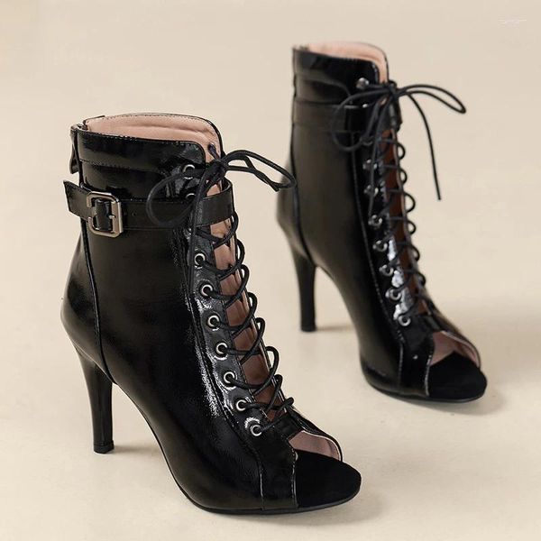 Kleid Schuhe 2024 Mode Frauen Schwarz Lace-up High Heels Jazz Anfänger 9 cm Open-toe Sexy Party Tanz schuh Sommer Sandale Kurze Stiefel