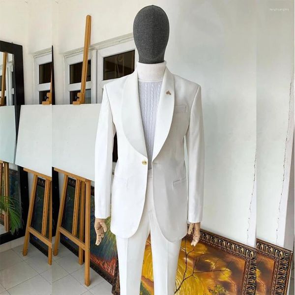 Ternos masculinos branco casamento blazer único breasted xale lapela elegante 2 peça jaqueta calças festa formal roupas masculinas ropa hombre