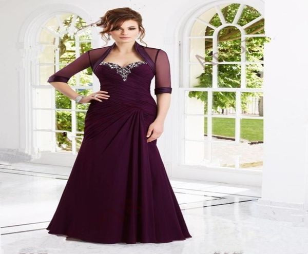 Elegante duas peças sereia longo plus size mãe dos vestidos de noiva com jaqueta cristal frisado chiffon vestidos de festa de casamento 20224438068