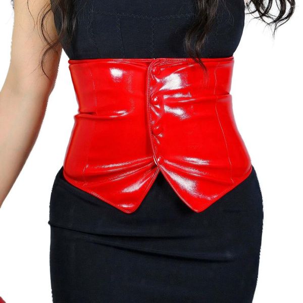 Cintos DooWay Mulheres Brilho Vermelho Latex Cinto Largo Botão Fechamento Faux Patent Crop Top Corset Bustier Acessório de Vestir de Noite