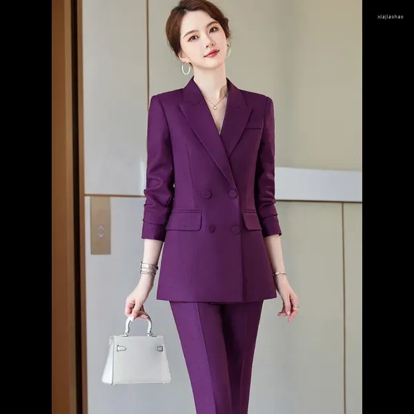 Женские брюки из двух частей, женский деловой комплект из 2 пиджаков, женская куртка с длинным рукавом, брючный женский брючный костюм, синий, фиолетовый, черный, офисная рабочая одежда