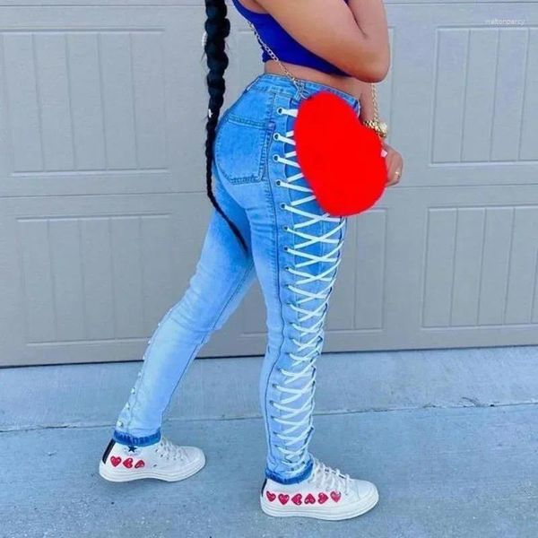 Damen Jeans Side Bandage Hohe Taille Bleistift Denim Blau Vintage 2024 Street Fashion Indie Harajuku Skinny Hosen Lace-up Streetwear