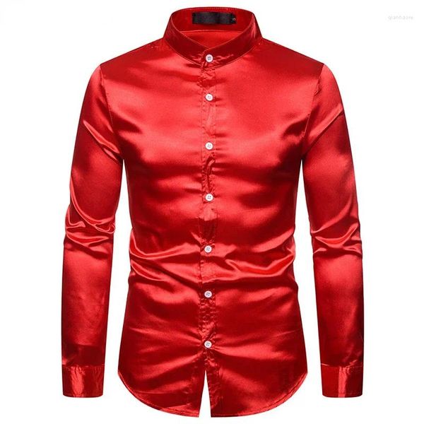 Erkekler Sıradan Gömlekler Erkek Kırmızı İpek Saten Elbise Mandarin Yakası İnce Fit Erkekler Smokin Gömlek Partisi Düğün Prom Erkek Disko