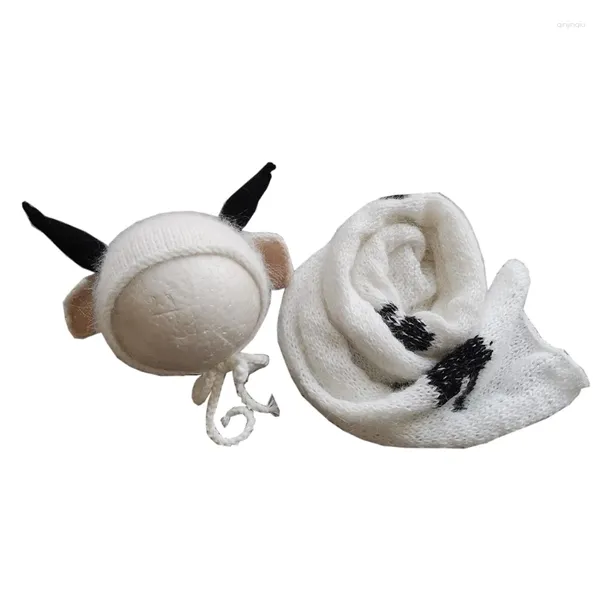 Battaniyeler Q81a 2 PCS Bebekler Sevimli İnek Kulak Şapkası Seti Bebek Battaniye Beanie Cap Born Pogery Props Po