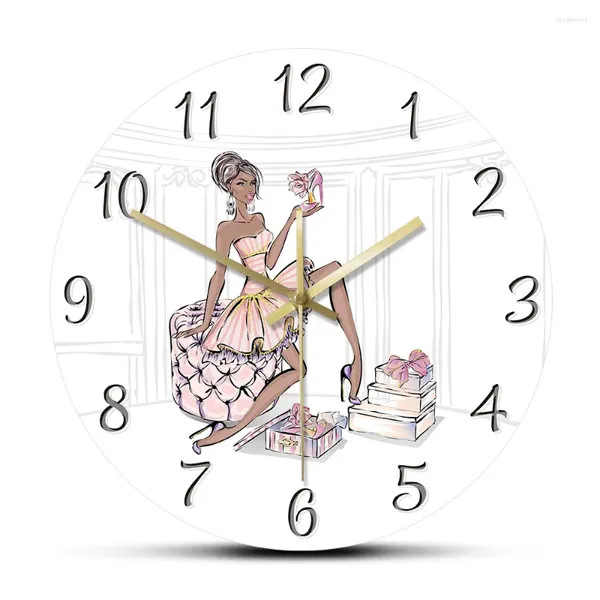 Orologi da parete Ragazza alla moda con scarpe con tacco alto Orologio di lusso Negozio di maree Decorazione boutique Orologio da appendere Silenzioso senza ticchettio