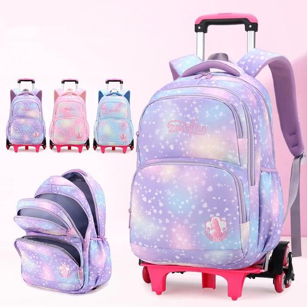 Conjunto de mochila escolar infantil, mochila escolar com rodas para estudantes, bolsa de carrinho para meninas, mochila escolar fofa com rodas