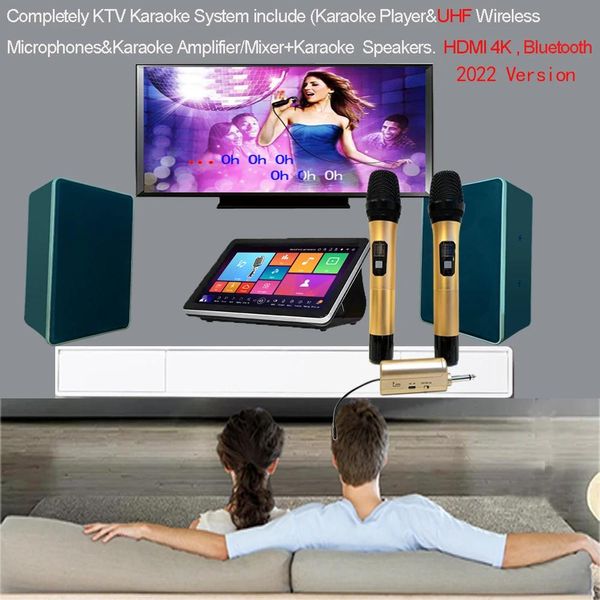 Lautsprecher Komplett Home KTV Karaoke Jukebox -System DSP -Mixerverstärker 2 UHF Wireless Karaoke Mikrofone Touchscreen -Lautsprecher HDMI 4K