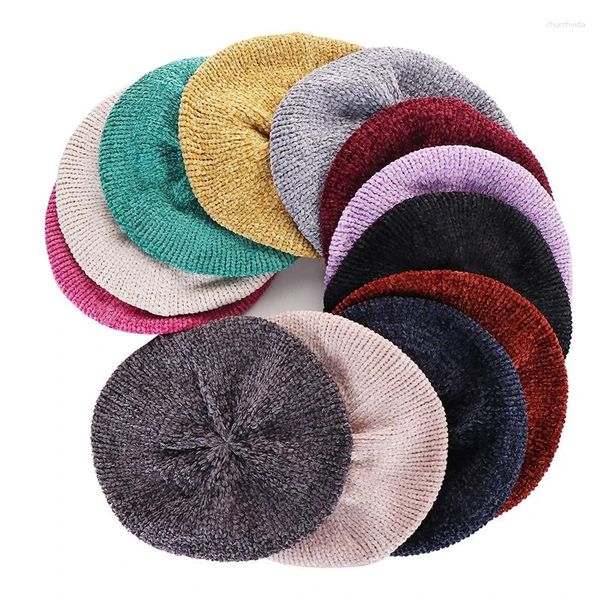 Berets moda elegante material de chenille inverno para mulheres chapéu de malha quente feminino outono pintor bonés senhora chapéus