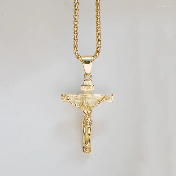 Pingente colares crucifixo masculino cor de ouro aço inoxidável inri jesus cruz colar para homens mulheres presente cristão jóias gota