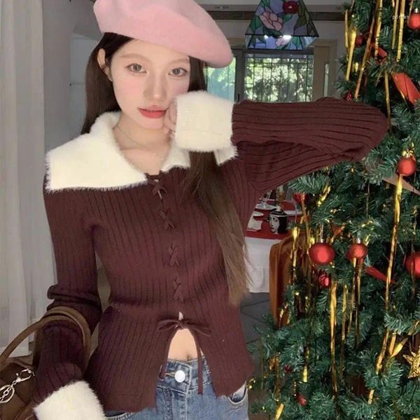 Maglioni da donna Inverno 2024 Coreano Puro Desiderio Femminile Piccolo Colletto di Pelliccia Allacciatura Design a maniche lunghe Spice Girl Maglione Top
