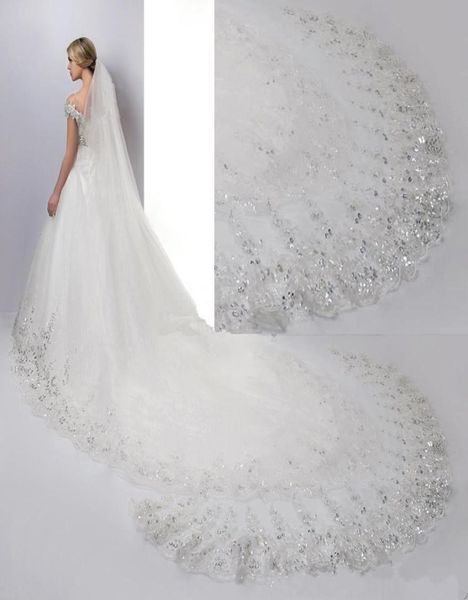 Economici scintillanti 4 m lunghi veli da sposa cattedrale uno strato di applique in pizzo trim morbido tulle immagine reale velo da sposa con paillettes con pettine9540972