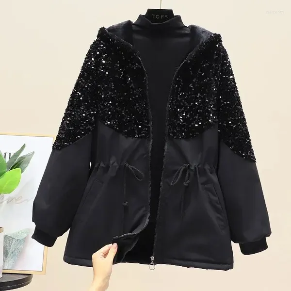 Jaquetas femininas 2024 outono mulheres jaqueta manga longa com capuz feminino blusão pesado indústria lantejoulas soltas casaco preto outwear