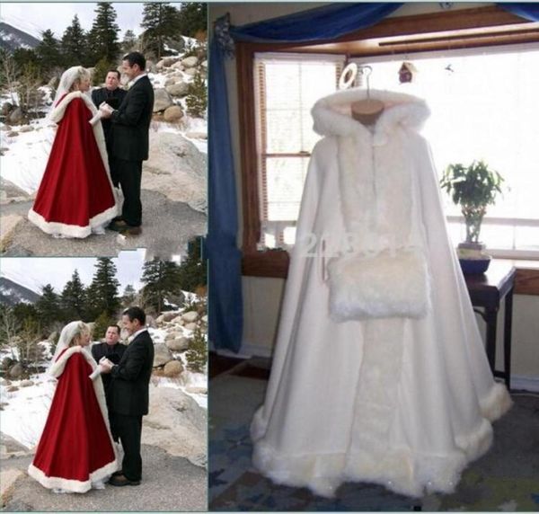 Real Image Brautumhang mit Kapuze, Elfenbeinweiß, Dunkelrot, langer Hochzeitsumhang, Kunstpelz für die Winterhochzeit, Brautumhänge, Brautumhang Plus 6604685