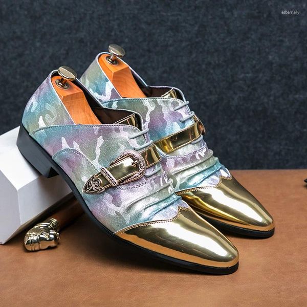 Scarpe eleganti da uomo di lusso dorate da festa alla moda con punta glitterata da uomo in pelle verniciata stile inglese da matrimonio