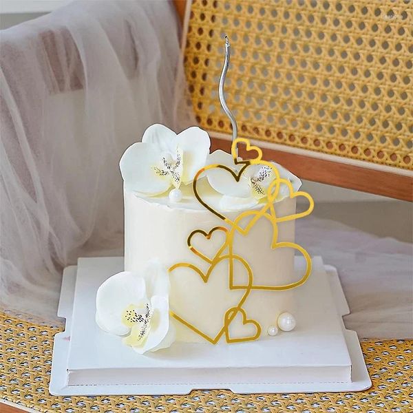 Forniture per feste 1/4 pezzi Topper per torta nuziale Minimalista Oro Cuore d'amore Decorazione in acrilico Buon compleanno Regalo di San Valentino Dessert Decor