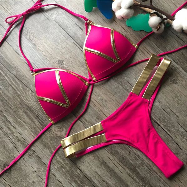 Kırmızı mayo push up mayo kadınları yular biquini yastıklı mayo altın damgalama Brezilyalı bikini set seksi bikini 240113