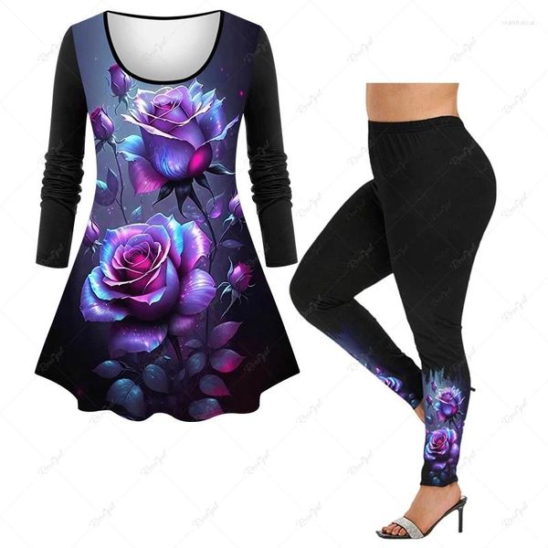 Zweiteilige Damenhose in Übergröße, tägliches, lässiges, passendes Set, glitzerndes Rose-Blumen-Blatt-Druck-Langarm-T-Shirt oder schmale Leggings