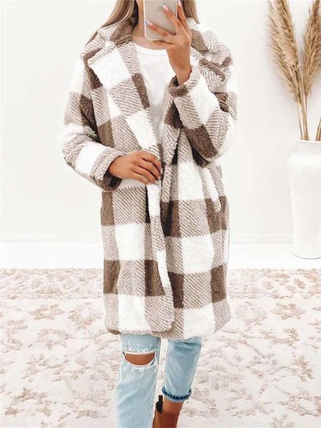Maglione da donna Maglione da donna Teddy Cappotto scozzese Fuzzy Sherpa Fleece Robe Scacchiera Cardigan lungo Inverno Luxury Streetwear