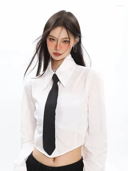 Blusas femininas ADAgirl Blusa de gravata branca Mulheres Design Chic Button Up Camisas para Primavera Outono Estilo Coreano Slim Fit Manga Longa Crop Tops